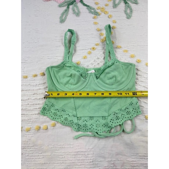 Colsie Corset Crop Top Green Ribbed Eyelet Lace Up Tie Back Adjustable Strap S - Picture 8 of 11